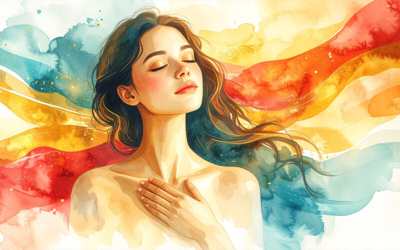 Person in profile with eyes closed, golden energy flowing from the heart area – Heart Meridian and chi flow at 8-chi.com