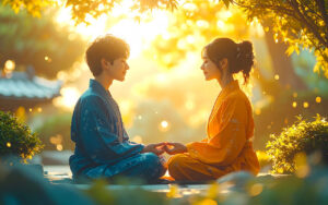 Serene face with golden light emanating from the chest as the source of chi – Heart Meridian as Emperor of the Body at 8-chi.com