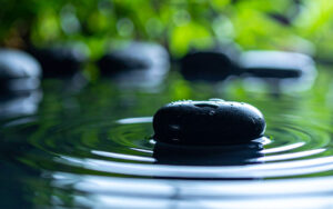 A serene minimalist scene evoking the Water element in Traditional Chinese Medicine. A single smooth dark stone rests in still, dark water with gentle ripples. The mood is deep, still, and introspective. Deep blue and black tones, soft diffused light, close-up perspective. No people. Photorealistic, meditative quality.