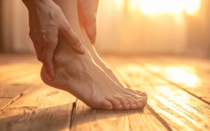 A pair of bare feet resting on a warm wooden surface, seen from above. One thumb gently presses the sole of the foot at the arch area. Warm, golden ambient light. Clean and calm aesthetic, soft focus background. Skin tones natural and healthy. No clinical setting — feels like a home wellness practice.