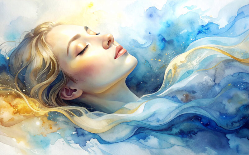 Person lying peacefully, silver-blue and golden energy waves drifting around them like breath – the healing power of sleep and chi at 8-chi.com