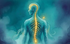 Digital watercolor illustration of a human figure seen from behind with a glowing golden meridian line running from the head down the entire spine, symbolizing the Bladder Meridian in Traditional Chinese Medicine (AI-generated)