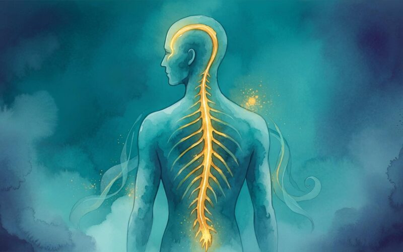 Digital watercolor illustration of a human figure seen from behind with a glowing golden meridian line running from the head down the entire spine, symbolizing the Bladder Meridian in Traditional Chinese Medicine (AI-generated)