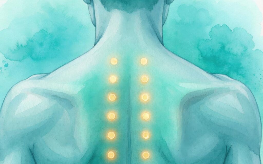 Close-up watercolor illustration of a bare back with two rows of glowing golden points running alongside the spine, representing the Bladder Meridian's Back-Shu points (AI-generated)