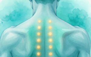 Close-up watercolor illustration of a bare back with two rows of glowing golden points running alongside the spine, representing the Bladder Meridian's Back-Shu points (AI-generated)