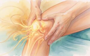 Watercolor illustration of two hands pressing into the back of a bent knee with a golden glow, illustrating acupressure at Bladder 40 (Weizhong) (AI-generated)
