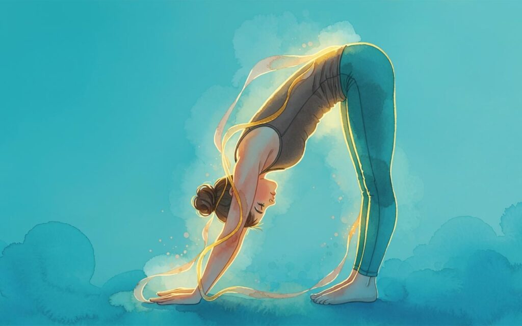 Watercolor illustration of a woman in a forward fold yoga stretch with a glowing golden line tracing the back of her body, symbolizing the Bladder Meridian's posterior pathway (AI-generated)