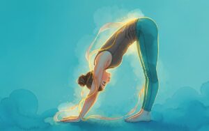 Watercolor illustration of a woman in a forward fold yoga stretch with a glowing golden line tracing the back of her body, symbolizing the Bladder Meridian's posterior pathway (AI-generated)