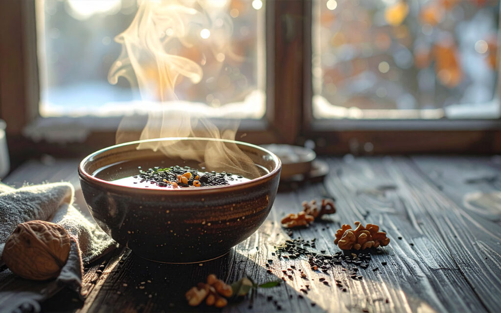 A cozy winter morning scene: a ceramic bowl of dark broth with black sesame seeds and walnuts beside it, steam rising gently. Soft natural light from a frosted window. Dark wood table, a warm blanket visible in the background. Quiet, nourishing, grounded mood. No text, no people.
