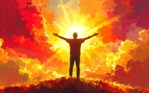 Digital watercolour illustration of a person standing on a hilltop with arms wide open, silhouetted against a blazing summer sky — vivid crimson, gold and amber brushstrokes radiating outward like sunlight, representing the peak of Yang energy and the Fire element in Traditional Chinese Medicine