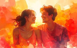 Digital watercolour illustration of two people laughing joyfully together in warm summer light — expressive red, coral and golden brushstrokes in the background, representing the emotion of joy (Xi) associated with the Heart and the Fire element in Traditional Chinese Medicine