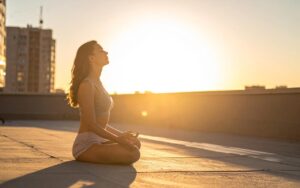 Woman sitting cross-legged in lotus position on a rooftop, eyes closed and face tilted upward toward the warm midday sun — representing stillness within the height of summer, the quiet Heart at the peak of Yang energy in Traditional Chinese Medicine