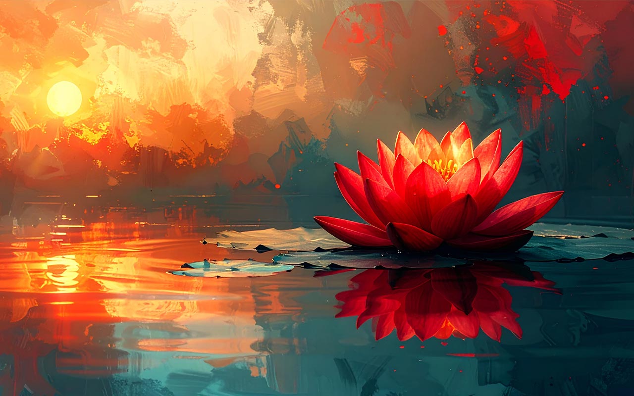 Digital watercolour painting of a red lotus flower floating on still water at sunset, glowing from within against an abstract background of amber, crimson and teal brushstrokes — a classical symbol of the Heart and the Fire element in Traditional Chinese Medicine, representing radiant presence and spiritual clarity