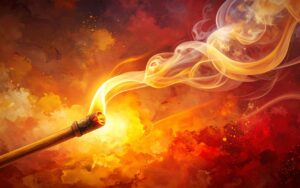 A glowing moxa stick burning at the tip with golden flame and swirling smoke against a fiery red and amber painterly background — capturing the essence of moxibustion, the ancient art of healing with heat in Traditional Chinese Medicine