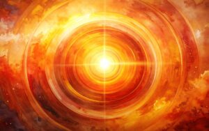 Abstract watercolor illustration of concentric orange and gold rings radiating from a bright white centre point, symbolizing warmth and healing energy penetrating deep into the body during moxibustion (AI-generated)