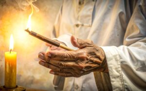An elderly practitioner's weathered hands hold a smouldering moxa stick beside a lit candle, warm golden light and rising smoke — illustrating the ancient ritual and gentle warmth-based healing of moxibustion in Traditional Chinese Medicine