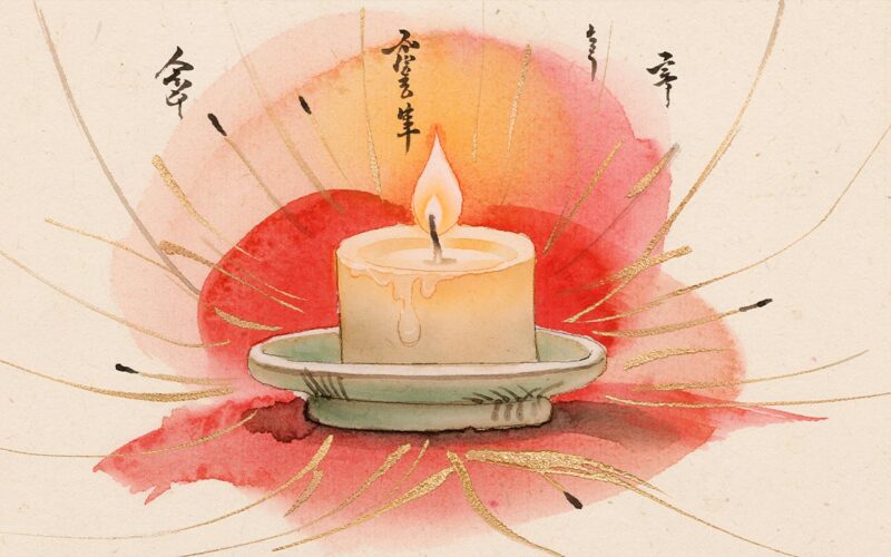Asian watercolour illustration of a candle burning on a ceramic dish, surrounded by golden brushstrokes and Chinese calligraphy — representing the Fire element that governs the Small Intestine and Heart meridians in Traditional Chinese Medicine