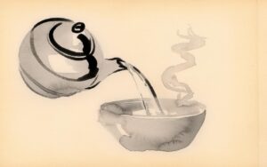 Sumi-e ink wash illustration of a teapot pouring hot water into a bowl, steam rising in gentle wisps — evoking warmth, nourishment and the mindful quality of eating that supports the Small Intestine Meridian in TCM
