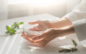 Two hands gently cradling a clear glass bowl filled with pure water in soft morning light, fresh herbs nearby — a symbol of clarity, discernment and the sorting function of the Small Intestine Meridian in Traditional Chinese Medicine
