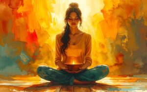 Digital watercolour illustration of a woman sitting in lotus position, eyes closed, holding a glowing singing bowl in her hands — warm golden and amber tones radiating outward, representing the Earth element, inner nourishment and the grounding energy of the Stomach Meridian in Traditional Chinese Medicine