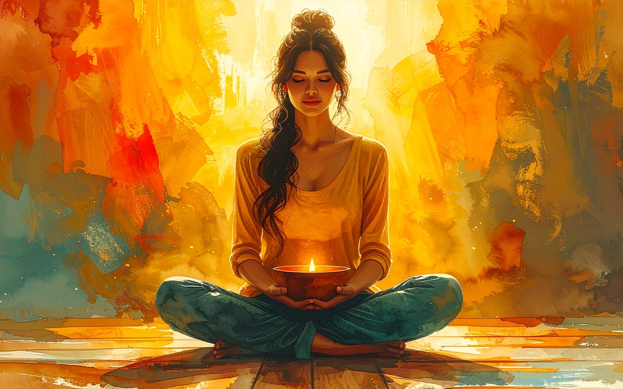 Digital watercolour illustration of a woman sitting in lotus position, eyes closed, holding a glowing singing bowl in her hands — warm golden and amber tones radiating outward, representing the Earth element, inner nourishment and the grounding energy of the Stomach Meridian in Traditional Chinese Medicine