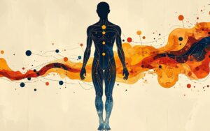 Illustration of a human body silhouette showing the Stomach Meridian pathway with golden acupuncture points marked along the torso and legs, surrounded by flowing amber and orange energy waves — representing the flow of chi through the Zu Yang Ming channel in Traditional Chinese Medicine