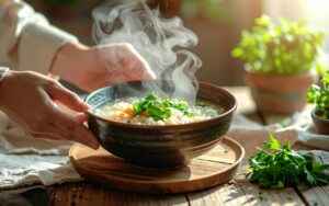 Hands holding a steaming ceramic bowl of congee with fresh herbs and vegetables — a warm, nourishing meal that supports Stomach Qi in Traditional Chinese Medicine, recommended during the Stomach meridian's peak hours between 7 and 9am