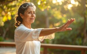 A group of people practicing Tai Chi together in a sunlit park, performing slow flowing movements in unison — a scene that captures the meditative and communal nature of the practice