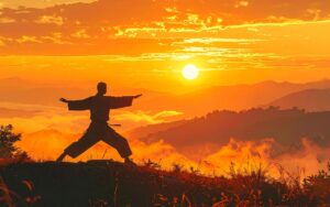 A practitioner performing a Tai Chi movement outdoors, one arm extended in a graceful arc — illustrating the balance, focus and slow intentional flow that defines the practice