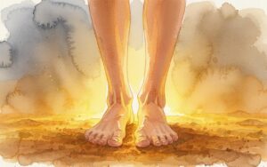 Watercolor illustration of bare feet standing firmly on golden earth, warm amber light rising upward, symbolizing grounding and the Earth element in Traditional Chinese Medicine (AI-generated)