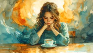 Digital watercolour illustration of a woman sitting alone at a table, hands wrapped around a warm cup, gaze turned inward — representing the emotion of worry and overthinking associated with the Earth element and Stomach Meridian imbalance in Traditional Chinese Medicine