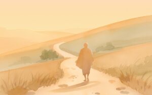 Watercolor illustration of a dark silhouetted figure meditating in lotus position on a rock outcrop, surrounded by soft clouds in blue-grey and gold tones, symbolizing calm and focused concentration (AI-generated)