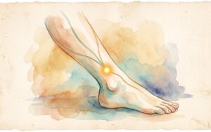 Watercolor illustration of a figure walking away along a winding path through golden hills, symbolizing the Spleen Meridian's pathway (AI-generated)