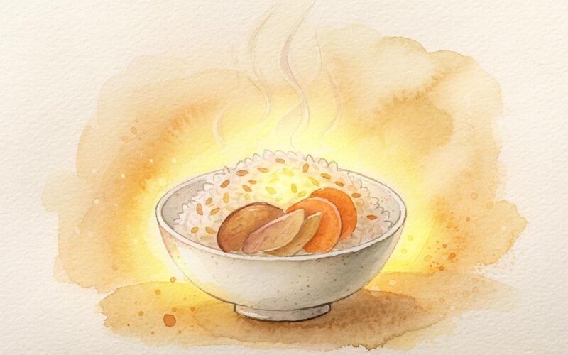 Digital watercolour illustration of a steaming bowl of warm rice porridge with sliced ginger and dried fruit, glowing golden warmth radiating outward — representing the warm, cooked foods that nourish and support the Spleen in Traditional Chinese Medicine