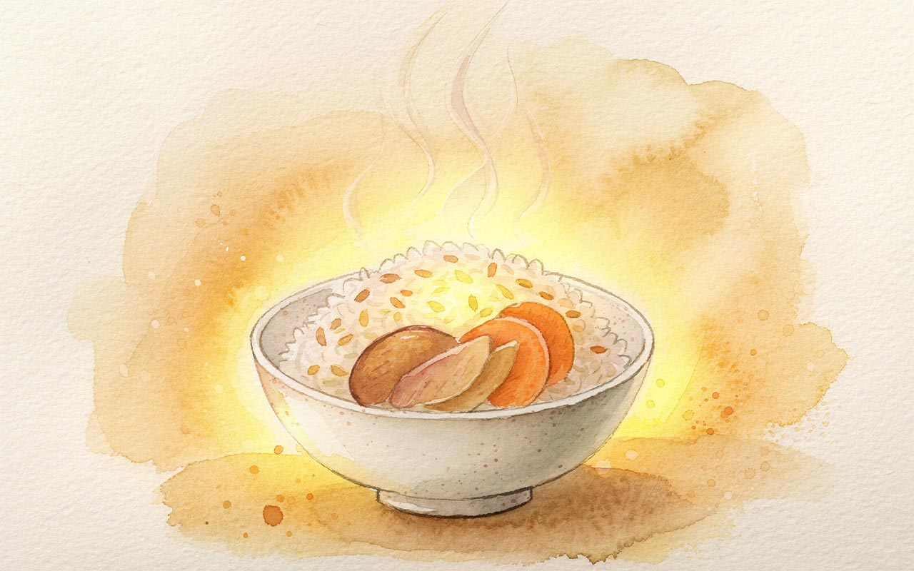 Digital watercolour illustration of a steaming bowl of warm rice porridge with sliced ginger and dried fruit, glowing golden warmth radiating outward — representing the warm, cooked foods that nourish and support the Spleen in Traditional Chinese Medicine