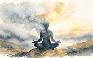 Watercolor illustration of a steaming bowl of rice topped with sliced fruit, symbolizing warm, nourishing food that supports the Spleen (AI-generated)
