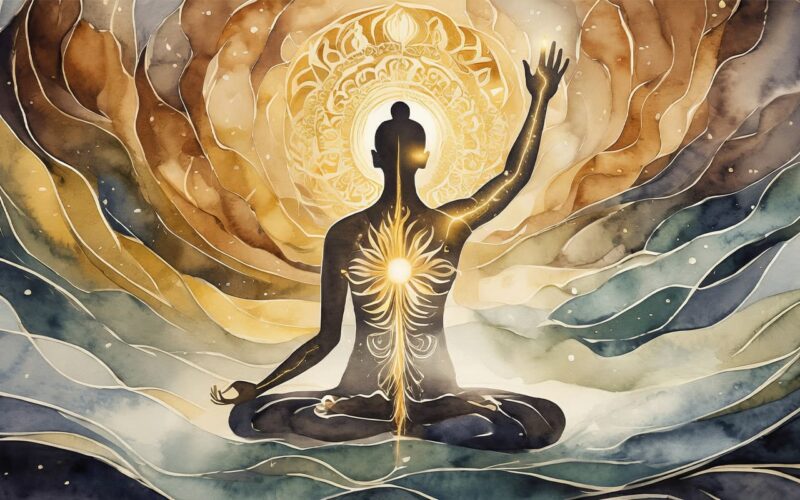 Watercolor illustration of a meditating figure seen from behind with one arm raised and a glowing golden meridian line along the arm, symbolizing the Large Intestine Meridian (AI-generated)