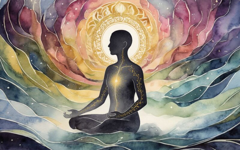Watercolor illustration of a meditating silhouette in profile with a glowing golden meridian line from the chest along the inner arm to the thumb, symbolizing the Lung Meridian in Traditional Chinese Medicine (AI-generated)