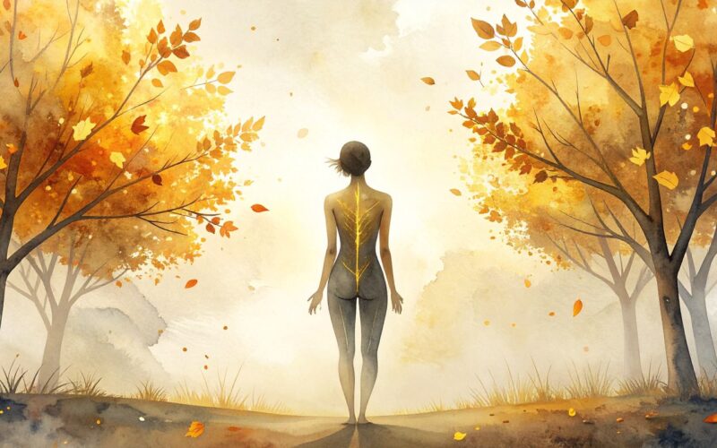 Watercolor illustration of a nude silhouette from behind on an autumn path, gold meridian line along the spine, falling leaves (AI-generated)