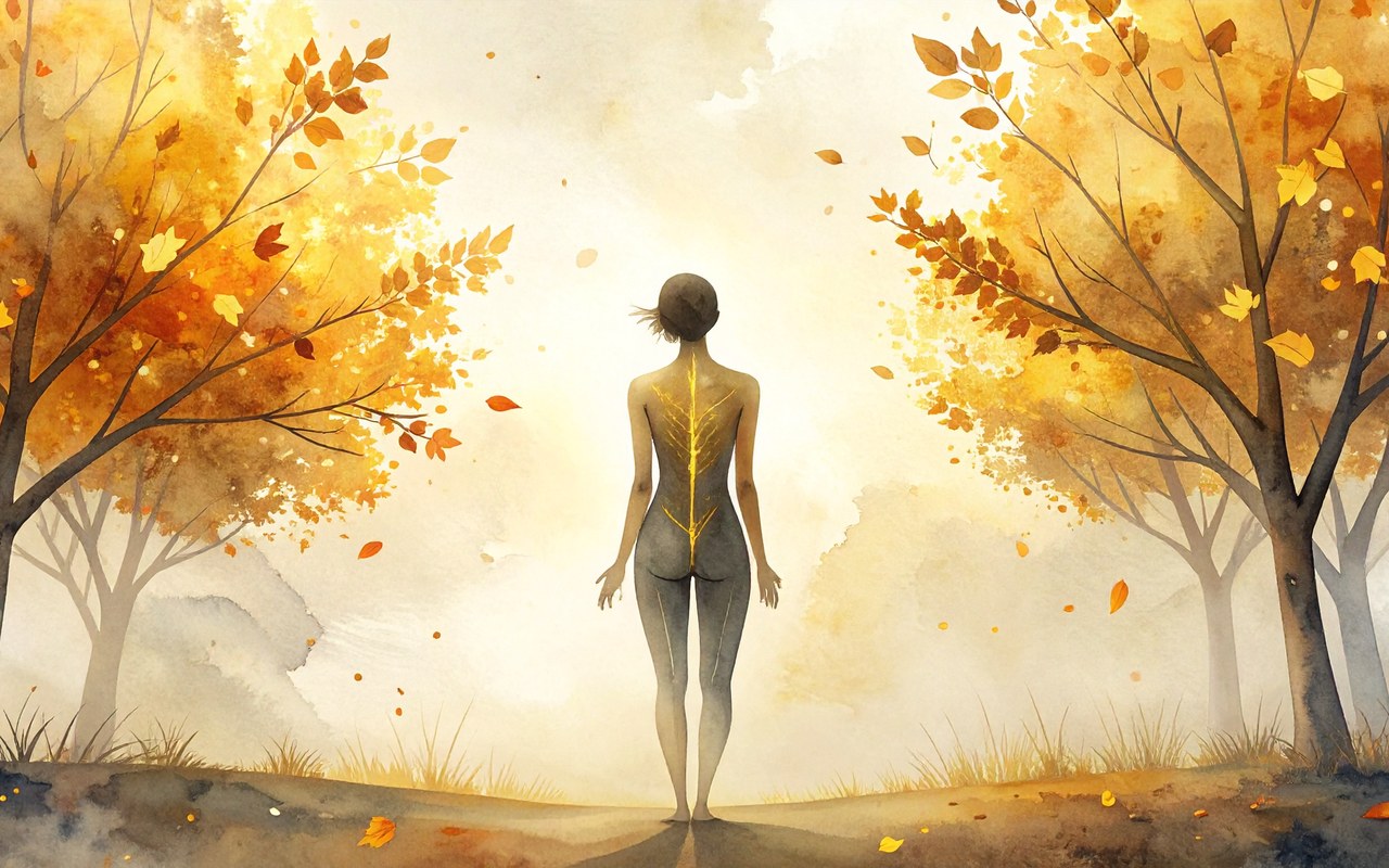 Watercolor illustration of a nude silhouette from behind on an autumn path, gold meridian line along the spine, falling leaves (AI-generated)