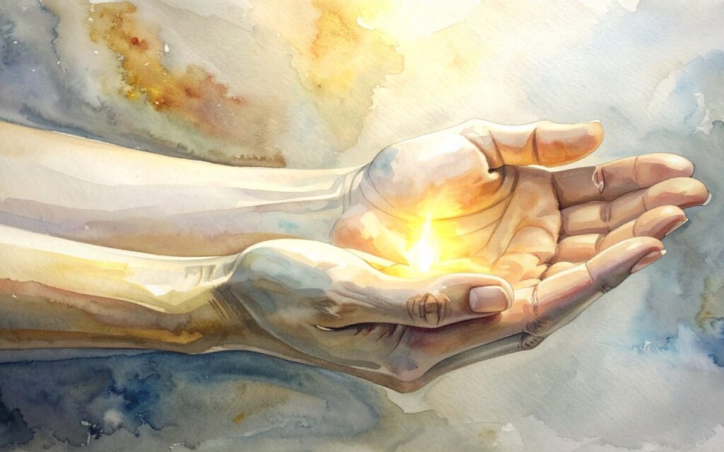Watercolor of two open hands holding a warm gold glow in the palms, Metal element breath and release (AI-generated)