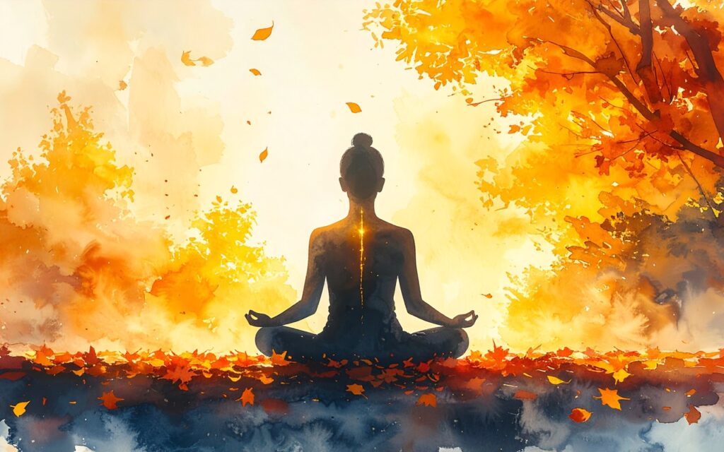 Watercolor of a meditating silhouette from behind in autumn light, gold line along the spine, falling leaves (AI-generated)