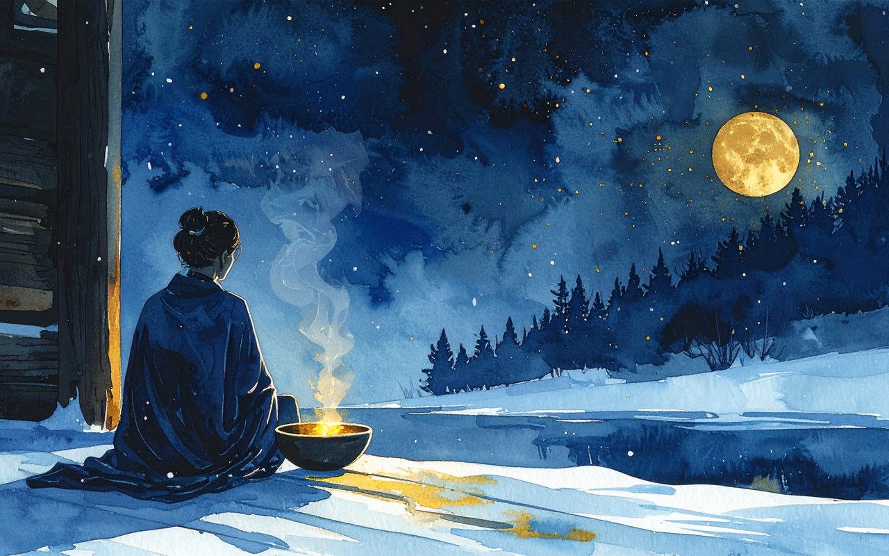 Watercolor of a wrapped silhouette sitting on a snowy porch at night, steaming bowl, gold moon, stillness of winter (AI-generated)