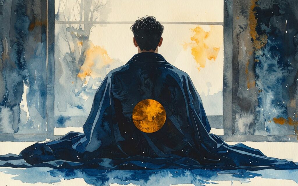 Watercolor of a person wrapped in a dark robe seen from behind at a winter window, a warm gold disc over the lower back (AI-generated)