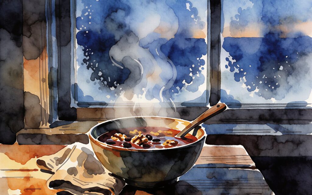Watercolor of a steaming bowl of black bean and walnut soup on a wooden table by a frosty winter window at dusk, a Kidney-nourishing winter food in Traditional Chinese Medicine (AI-generated)